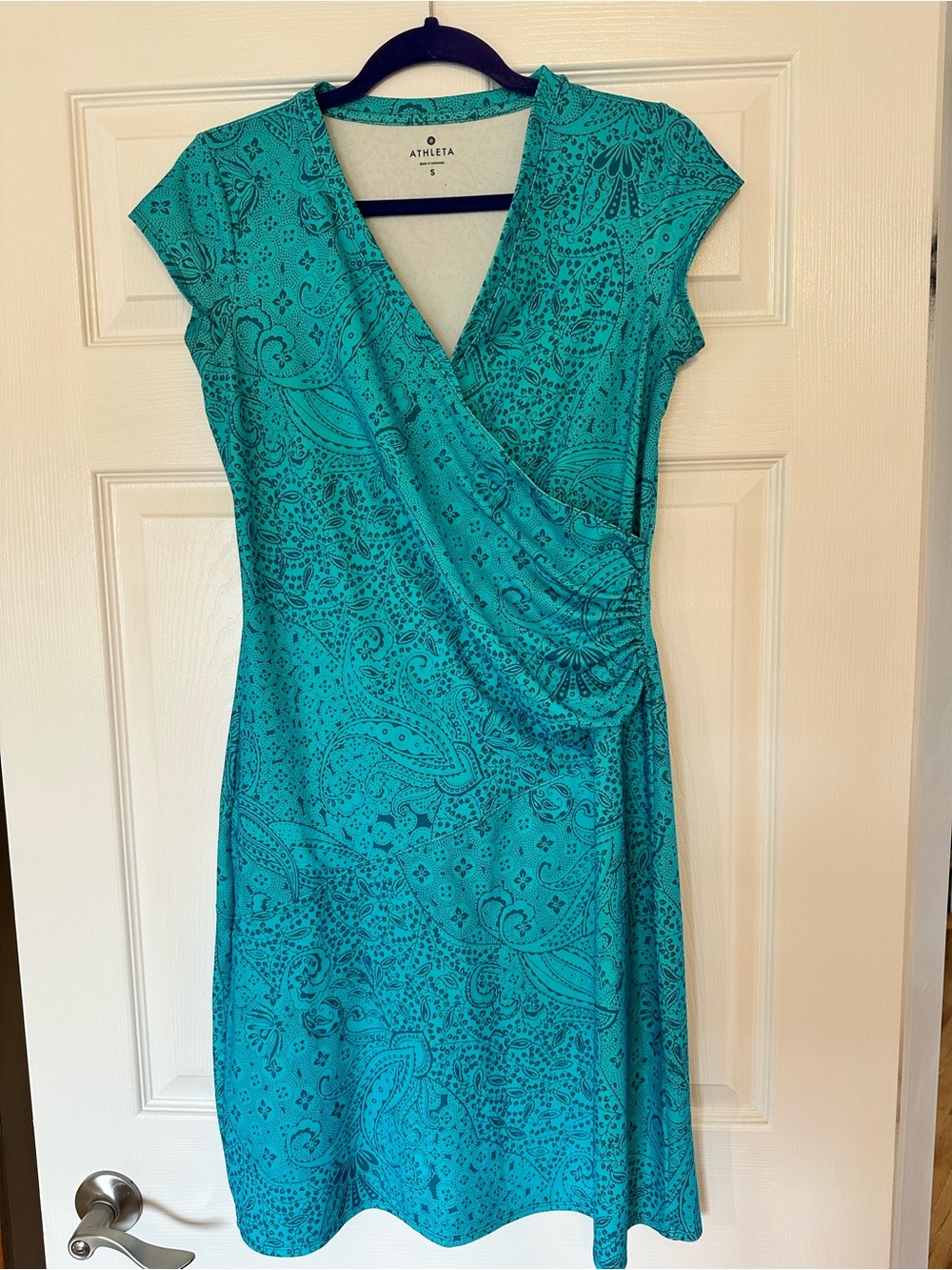 ATHLETA Dress Size Small Turquoise Print Shirred Waist